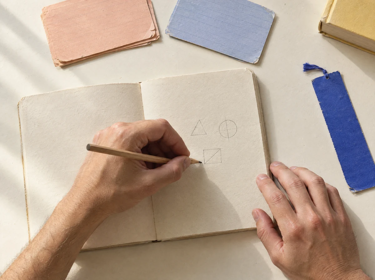 A learner arranging notes and study cards at a desk